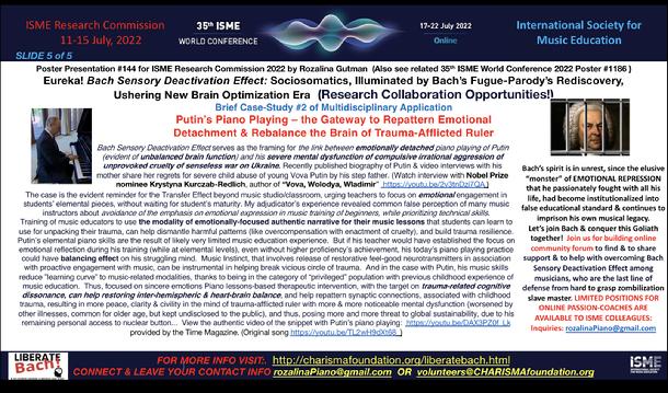 Rozalina Gutman is invited to present  @ ISME Research Committee @ 35th World Conference of ISME on BACH SENSORY DEACTIVATION EFFECT evidence,  illuminated by her discovery of the obscured true meaning of Bachs Fugue-Parody Contact us for details @www.CHARISM